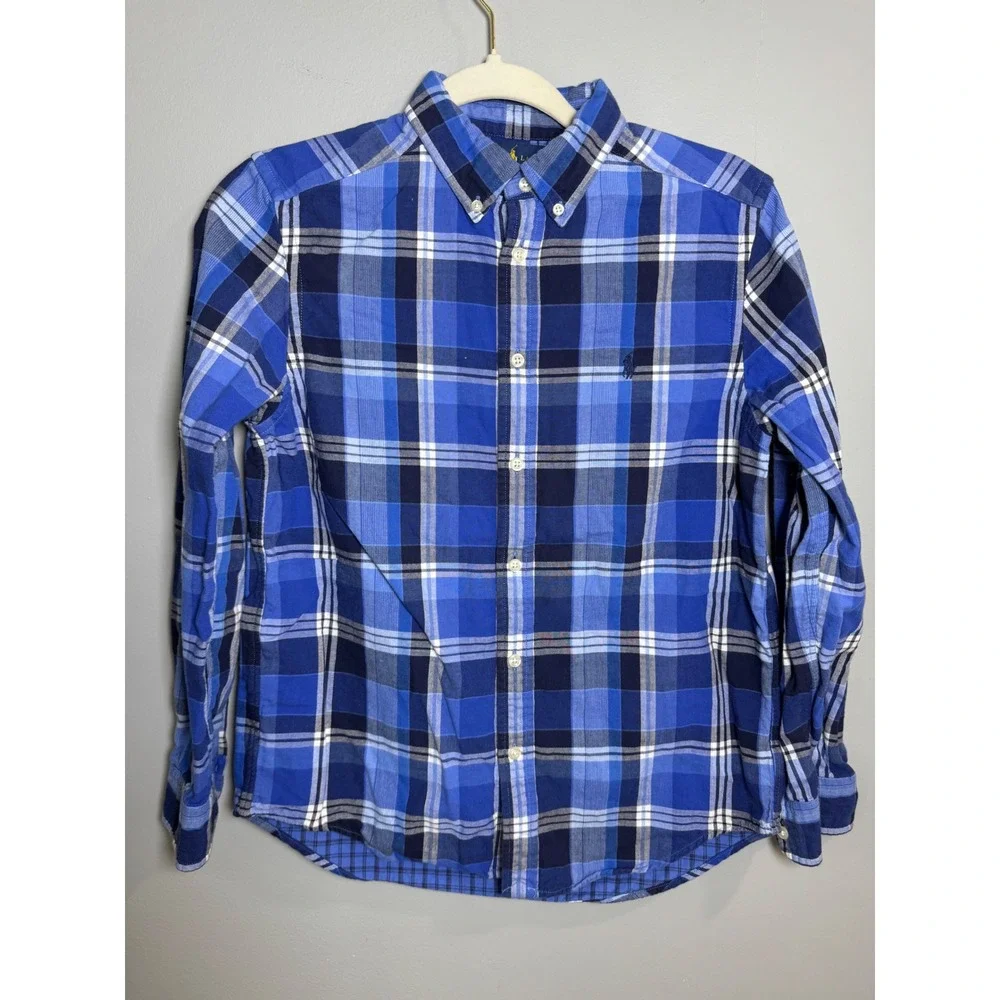 Ralph Lauren Boys Blue Plaid Long Sleeve Button Down Shirt Size L 14-16